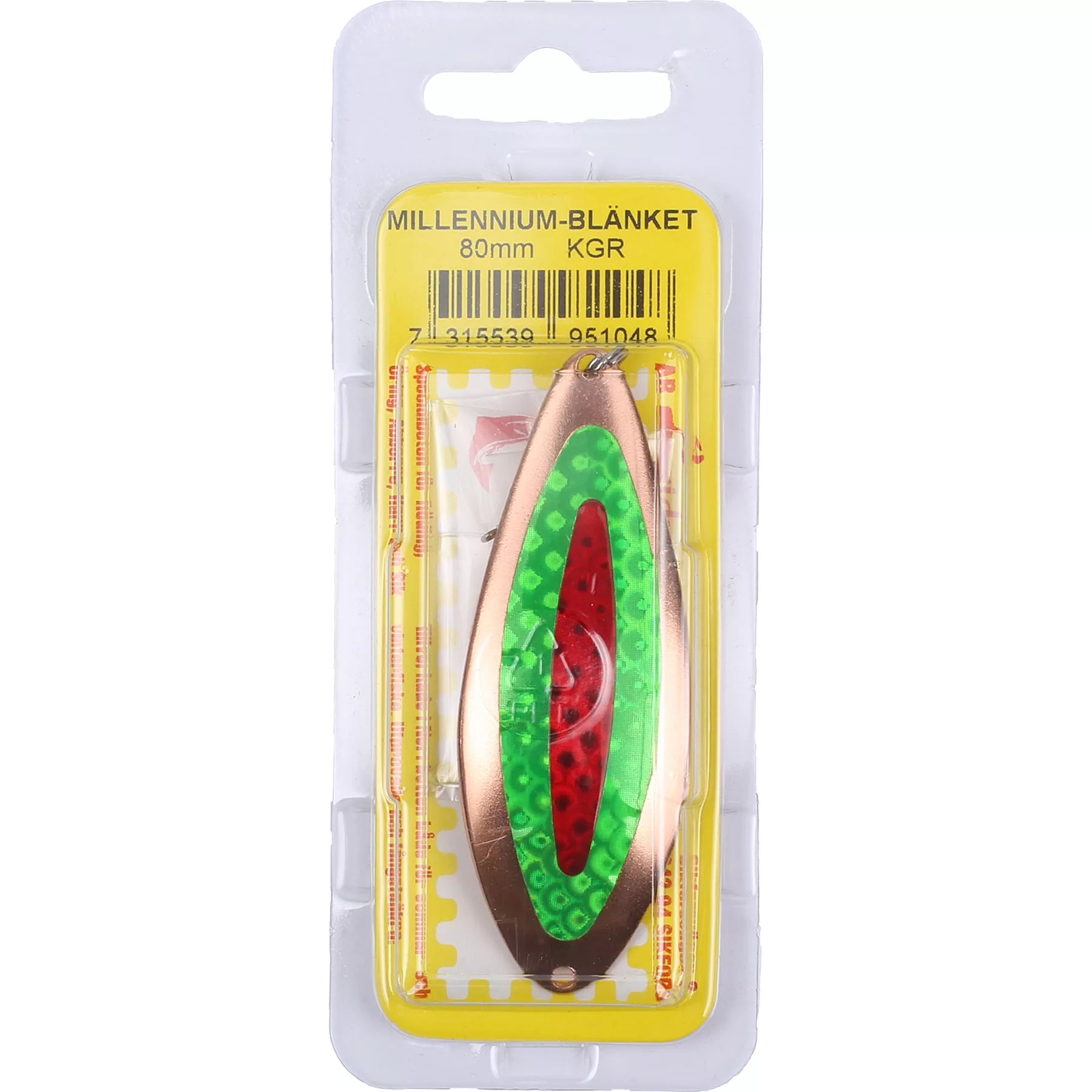 AB Lidmans Millenium-rautulätkä 80mm. Soveltuu raudun,taimenen,ahvenen ja harjuksen kalastukseen.
Pronssinen lätkä vihreällä ja punaisella teipillä.