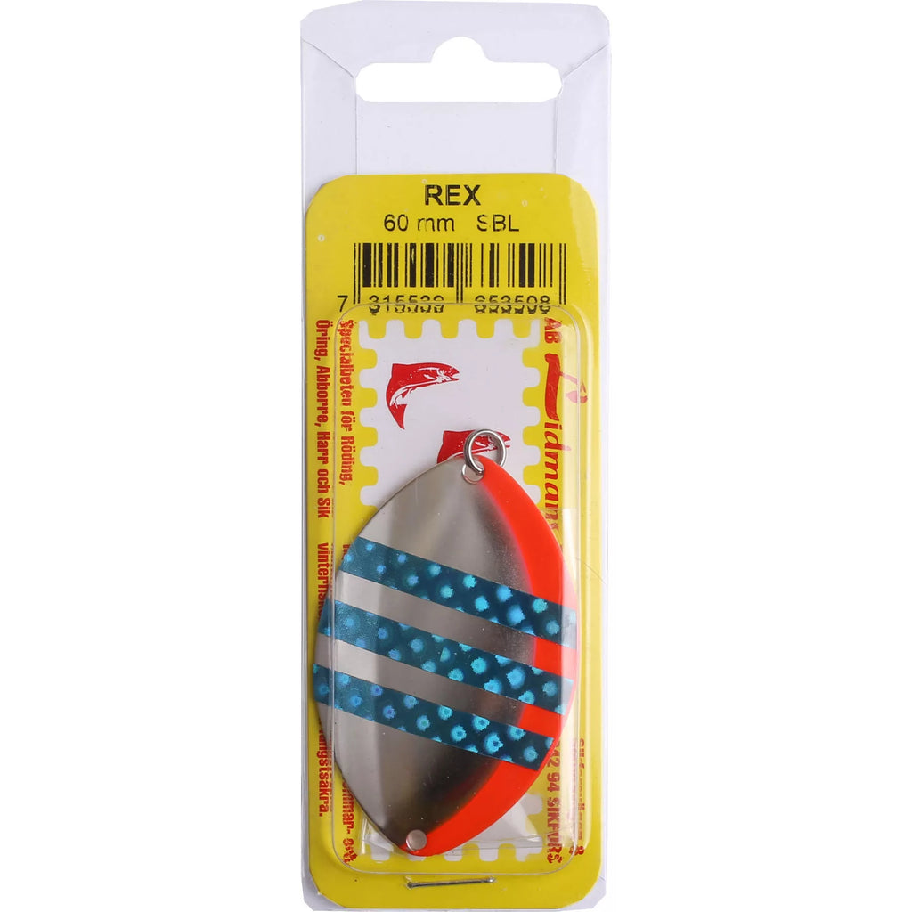 AB Lidmans Rex -rautulätkä 60mm.&nbsp;Soveltuu raudun,taimenen,ahvenen,siian ja harjuksen kalastukseen.
Hopeinen lätkä sini-punaisilla teipeillä.