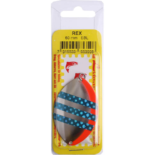 AB Lidmans Rex -rautulätkä 60mm.&nbsp;Soveltuu raudun,taimenen,ahvenen,siian ja harjuksen kalastukseen.
Hopeinen lätkä sini-punaisilla teipeillä.