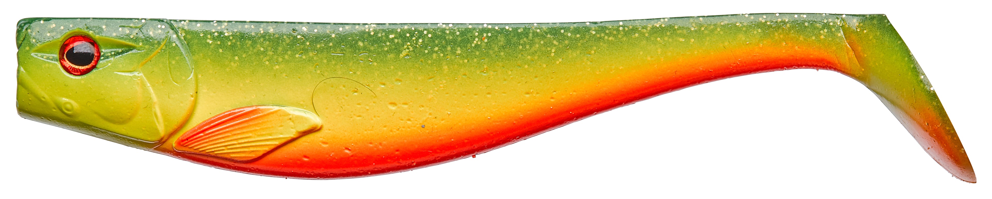 Kirkkaan keltainen haukishadi, jossa vihreä selkä ja oranssi vatsa. Pehmeä materiaali ja tarkat yksityiskohdat.