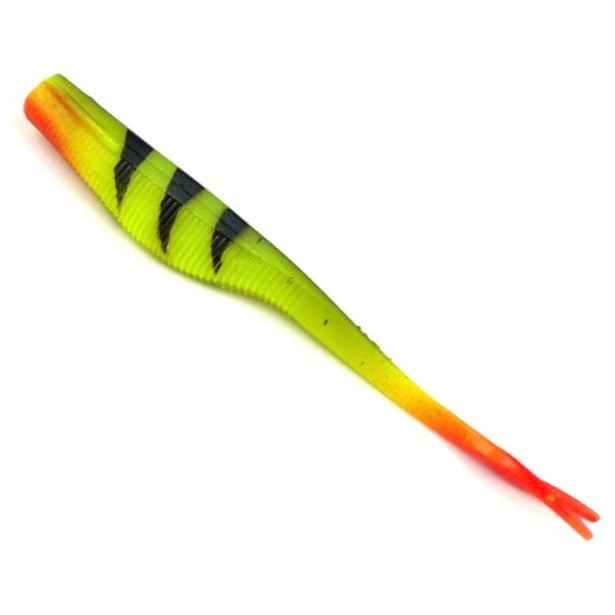 Jasu Tiera 116 neonkeltaisenvärinen jigi mustilla raidoilla ja punertavalla pyrstöllä.
Herkkäuintinen, V-pyrstöinen jigi. Toimii myös pilkkijiginä. Saatavilla 6cm,8cm,10cm ja 14cm koossa.