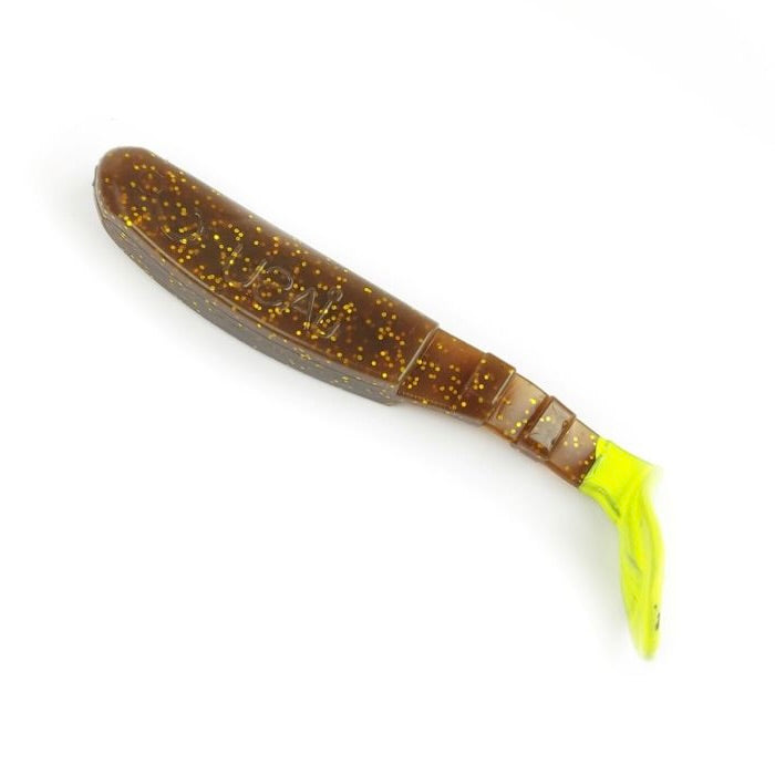 Jasu Ukko 122, ruskea glitter hile-neonvihreän värinen jigi ahvenelle ja kuhalle.