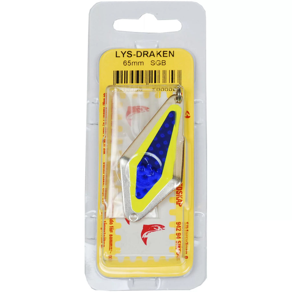 AB Lidmans Lys-Draken -rautulätkä. Soveltuu raudun,taimenen,ahvenen,siian ja harjuksen kalastukseen.
Hopeinen lätkä kelta-sinisillä teipeillä