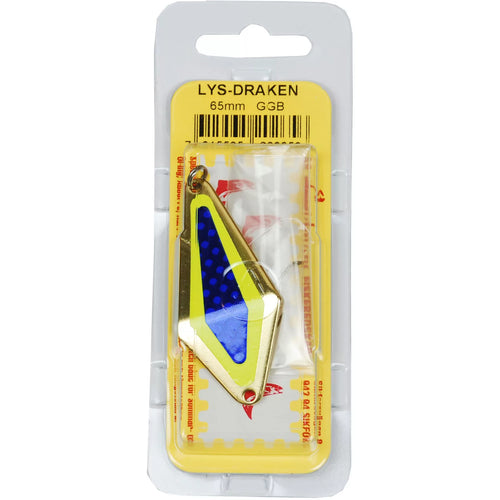 AB Lidmans Lys-Draken -rautulätkä. Soveltuu raudun,taimenen,ahvenen,siian ja harjuksen kalastukseen.
Kultainen lätkä kelta-sinisillä teipeillä